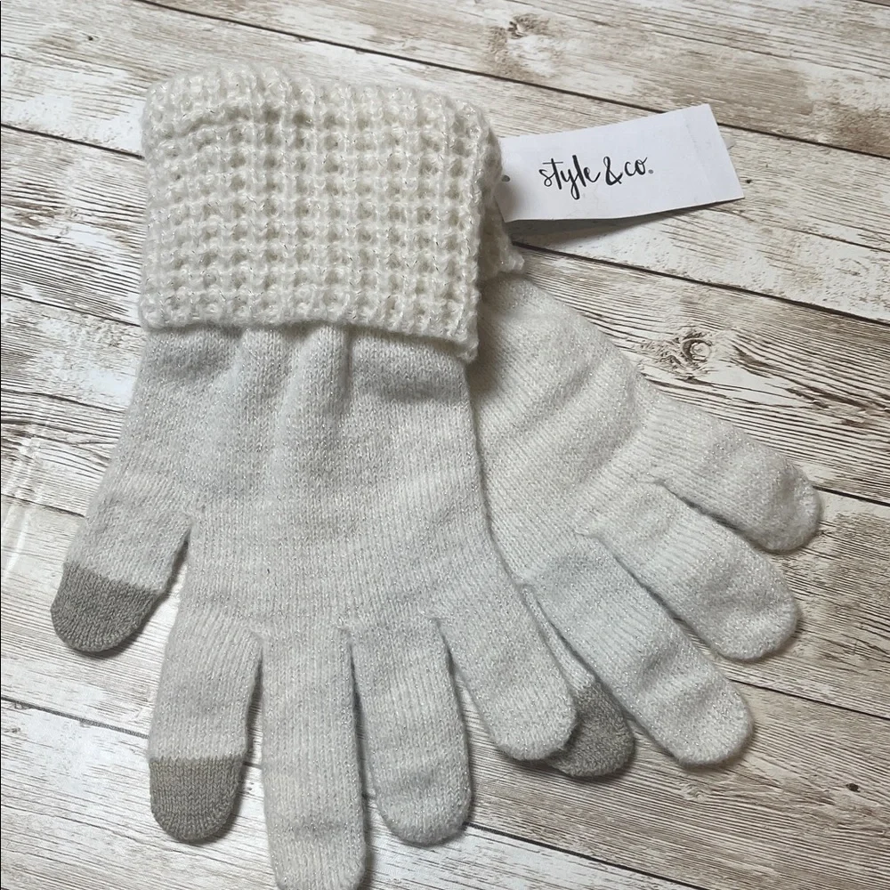 Style & Co. White Knit Gloves with Gray Tips‎ NEW O/S